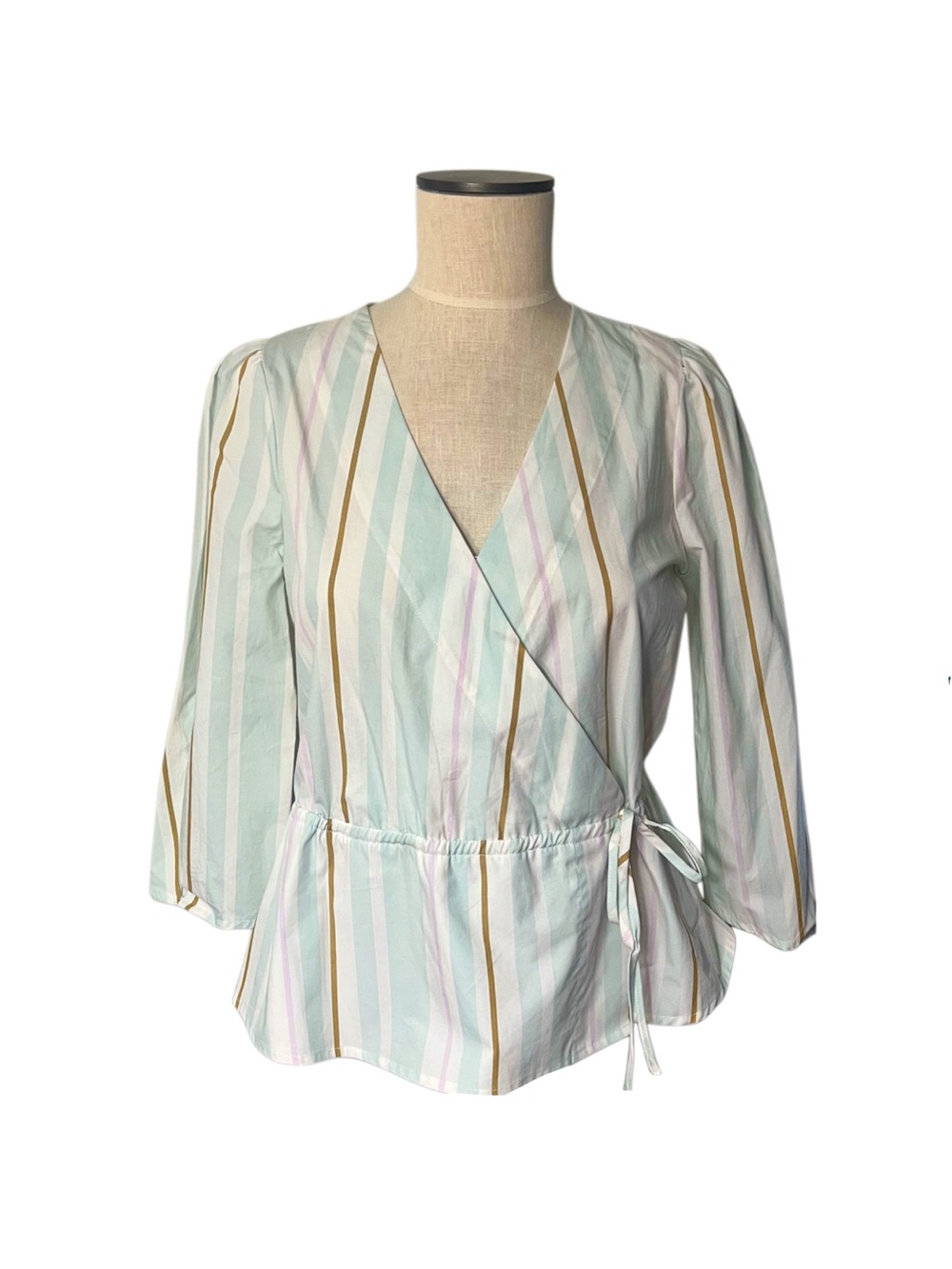 a new day Multi-Stripe Pastel Wrap Peplum Blouse Sz XS